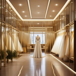 Elegant wedding dress service office interior, 3.77m wide, 5.30m long, 2.80m high, with central lighting, golden-framed walls, waiting area, free space for dress display.