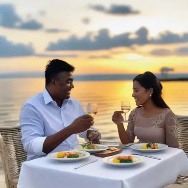 As the sun set, the couple enjoyed a romantic dinner by the seaside, savoring a delicious butterfish dish.