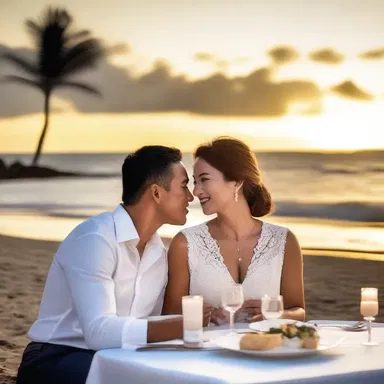 As the sun set, the couple enjoyed a romantic dinner by the seaside, savoring a delicious butterfish dish.