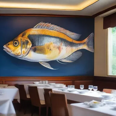 The elegant seafood restaurant featured a stunning wall painting depicting a school of butterfish.