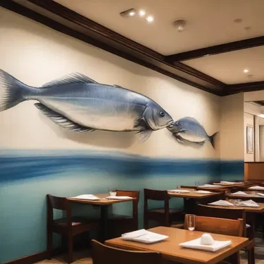 The elegant seafood restaurant featured a stunning wall painting depicting a school of butterfish.