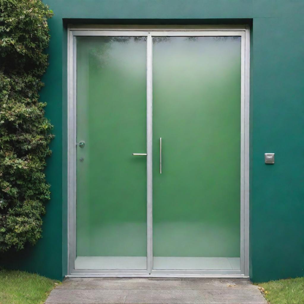 A compelling design for a marketing flyer, featuring a sophisticated glass and aluminium door set against a vibrant green background.