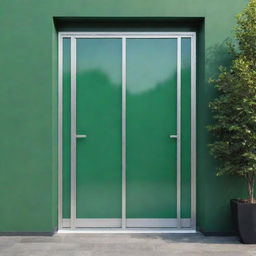 A compelling design for a marketing flyer, featuring a sophisticated glass and aluminium door set against a vibrant green background.