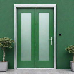 A compelling design for a marketing flyer, featuring a sophisticated glass and aluminium door set against a vibrant green background.