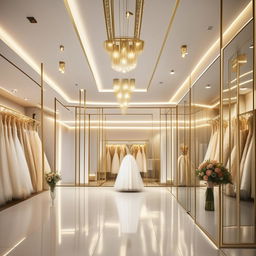 Elegant wedding dress service office interior, 3.77m wide, 5.30m long, 2.80m high, with central lighting, golden-framed walls, waiting area, free space for dress display.