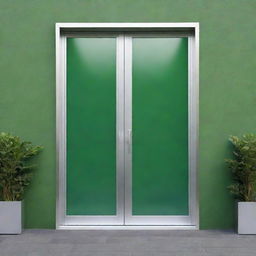 A compelling design for a marketing flyer, featuring a sophisticated glass and aluminium door set against a vibrant green background.