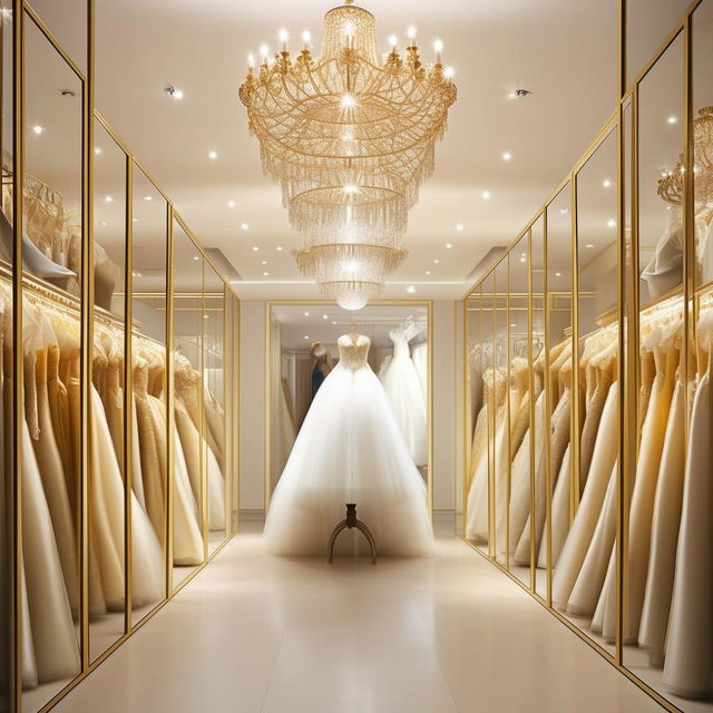 Elegant wedding dress service office interior, 3.77m wide, 5.30m long, 2.80m high, with central lighting, golden-framed walls, waiting area, free space for dress display.