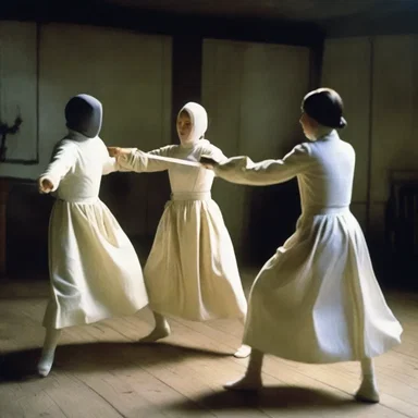 In the horror movie 'A Tale of Two Sisters', the main characters engage in a tense fencing duel with their evil stepmother.