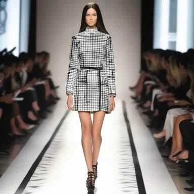 The model strutted down the runway, wearing a chic designer dress with a fencing-inspired print.