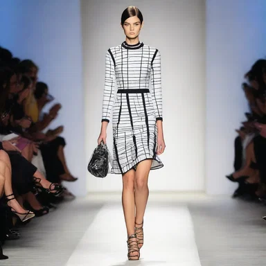 The model strutted down the runway, wearing a chic designer dress with a fencing-inspired print.