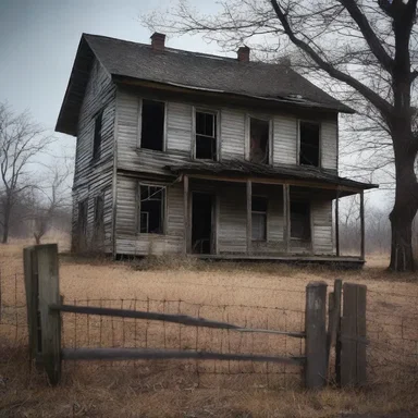 The eerie abandoned house was surrounded by old wooden fencing, adding to the creepy atmosphere.