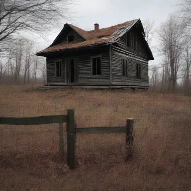 The eerie abandoned house was surrounded by old wooden fencing, adding to the creepy atmosphere.