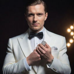 Elegant man dressed in high-class fashion, holding a cluster of gleaming diamonds in his hand, illuminated under soft lighting