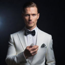 Elegant man dressed in high-class fashion, holding a cluster of gleaming diamonds in his hand, illuminated under soft lighting