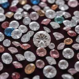 A myriad of shimmering diamonds of various sizes and cuts, scattered across a luxurious velvet surface, reflecting a multitude of colors in the soft light