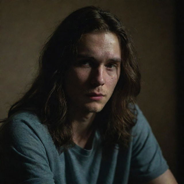 A long-haired young man looking sad, sitting in a dimly lit, dark room