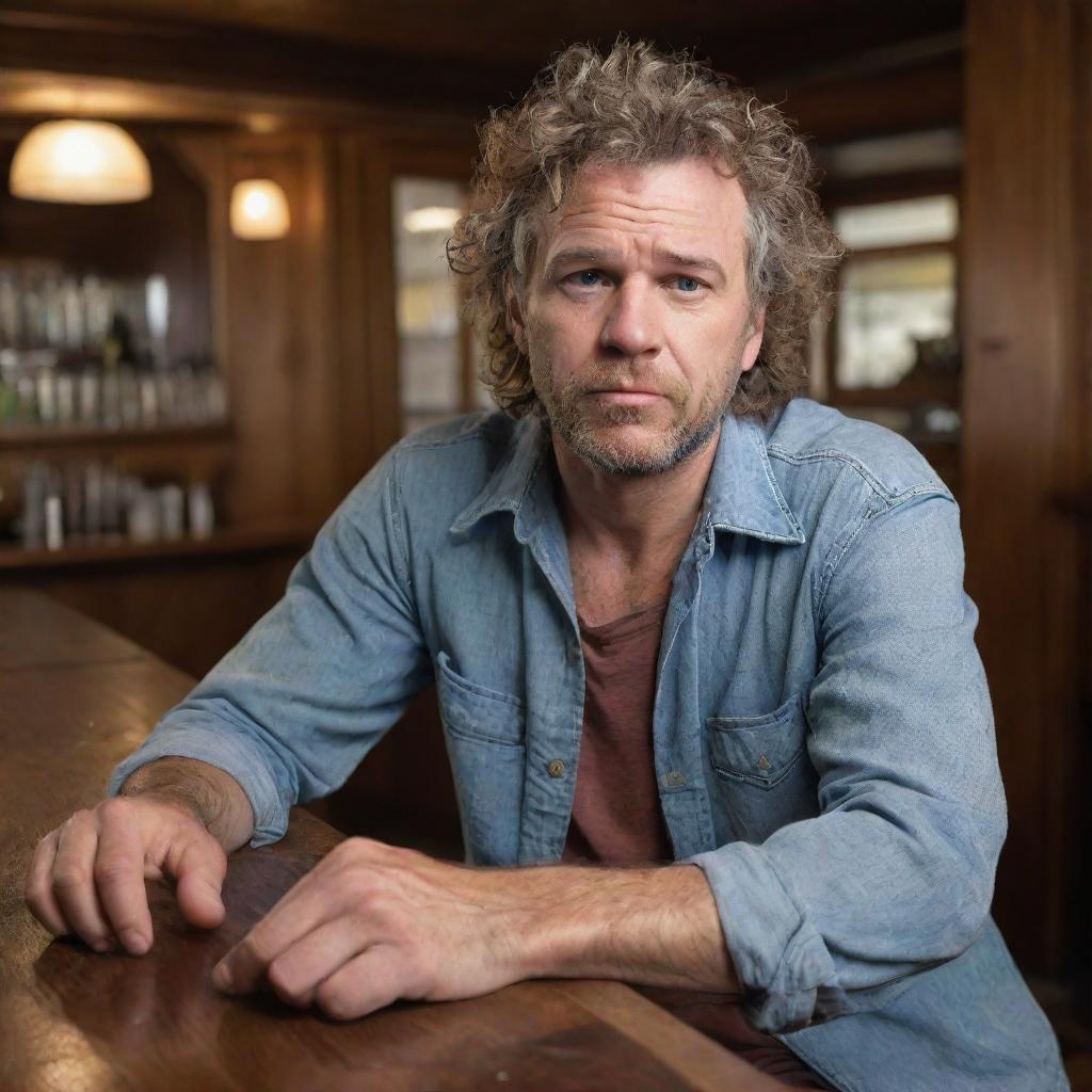 A disheveled man in casual attire, with bad manners and a loud, disrespectful demeanor, seated roughly at a classic wooden bar