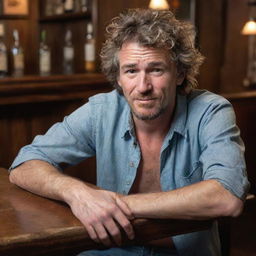 A disheveled man in casual attire, with bad manners and a loud, disrespectful demeanor, seated roughly at a classic wooden bar