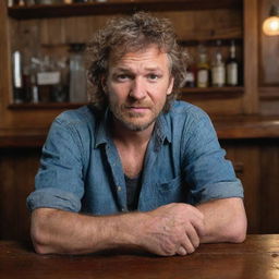 A disheveled man in casual attire, with bad manners and a loud, disrespectful demeanor, seated roughly at a classic wooden bar