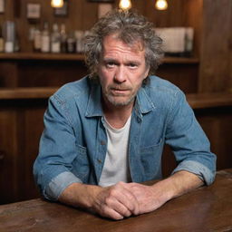 A disheveled man in casual attire, with bad manners and a loud, disrespectful demeanor, seated roughly at a classic wooden bar