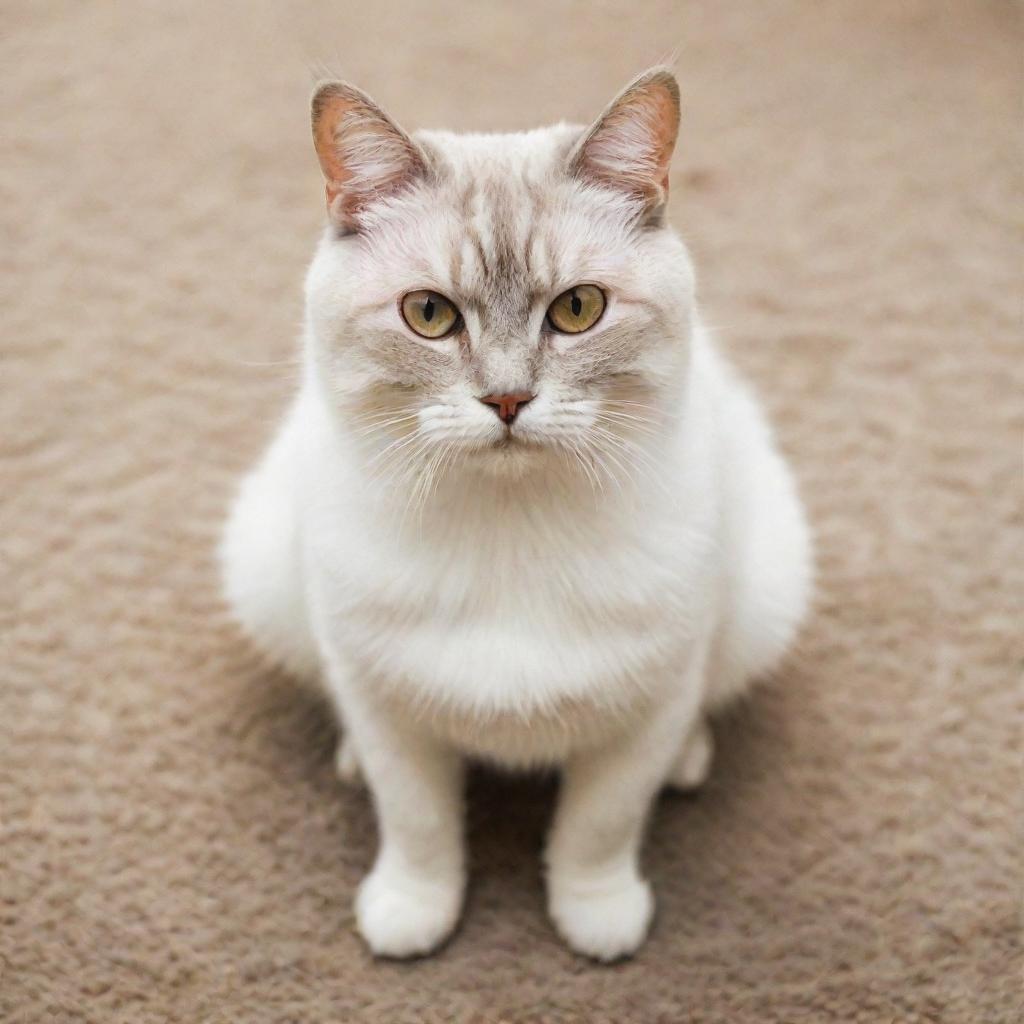 A fuzzy, light-colored domestic cat with round curious eyes, sitting calmly and attentively on a cozy, patterned rug