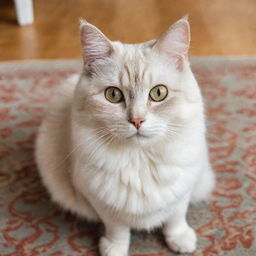 A fuzzy, light-colored domestic cat with round curious eyes, sitting calmly and attentively on a cozy, patterned rug