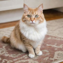 A fuzzy, light-colored domestic cat with round curious eyes, sitting calmly and attentively on a cozy, patterned rug