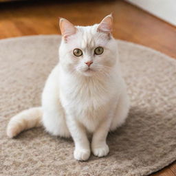 A fuzzy, light-colored domestic cat with round curious eyes, sitting calmly and attentively on a cozy, patterned rug