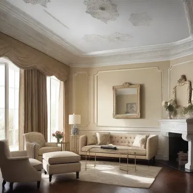 The discernible details of the intricate molding on the ceiling add an elegant touch to the room.
