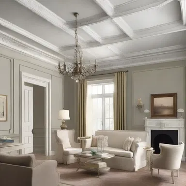 The discernible details of the intricate molding on the ceiling add an elegant touch to the room.