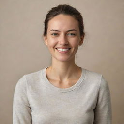 Realistic portrait of a person standing with a calm smile, in natural daylight, against a neutral toned backdrop