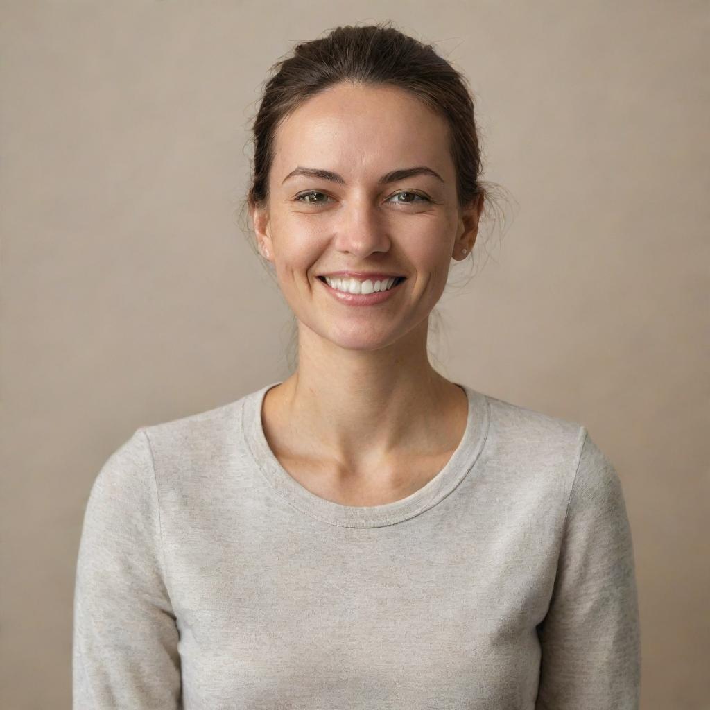 Realistic portrait of a person standing with a calm smile, in natural daylight, against a neutral toned backdrop