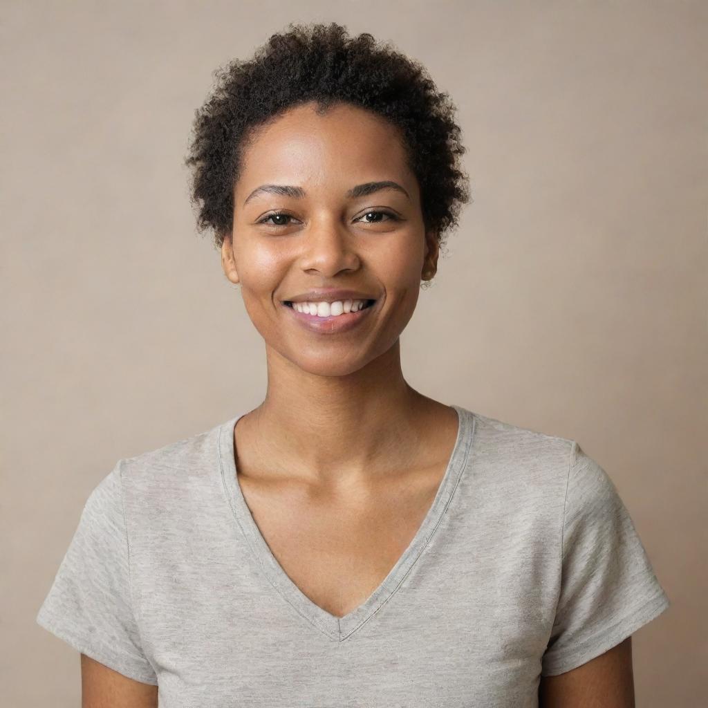 Realistic portrait of a person standing with a calm smile, in natural daylight, against a neutral toned backdrop