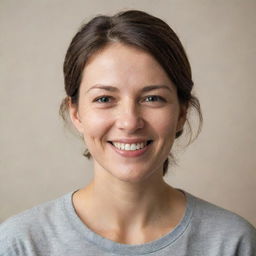 Realistic portrait of a person standing with a calm smile, in natural daylight, against a neutral toned backdrop