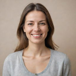 Realistic portrait of a person standing with a calm smile, in natural daylight, against a neutral toned backdrop