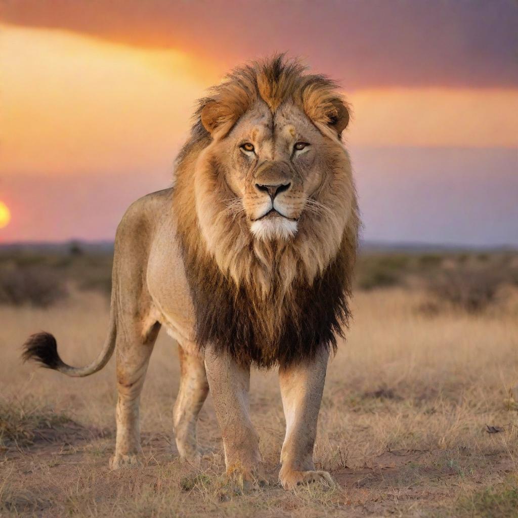 A majestic lion with a lush maned head stands proudly on an expansive African savannah under a radiant sunset sky.