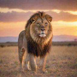 A majestic lion with a lush maned head stands proudly on an expansive African savannah under a radiant sunset sky.