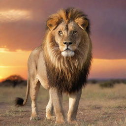 A majestic lion with a lush maned head stands proudly on an expansive African savannah under a radiant sunset sky.