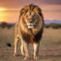 A majestic lion with a lush maned head stands proudly on an expansive African savannah under a radiant sunset sky.