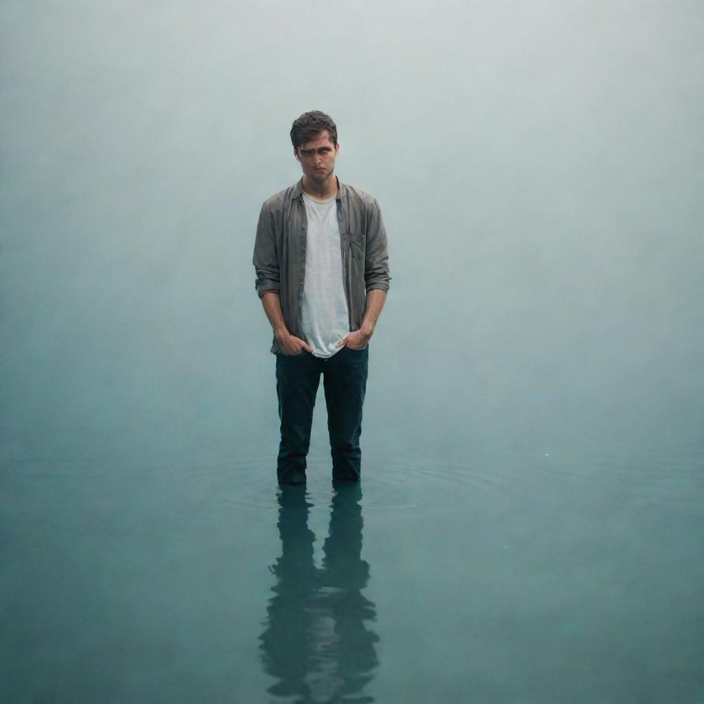 A solitary man standing alone in an undefined setting, submerged in his thoughts, wearing casual clothes.