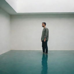 A solitary man standing alone in an undefined setting, submerged in his thoughts, wearing casual clothes.