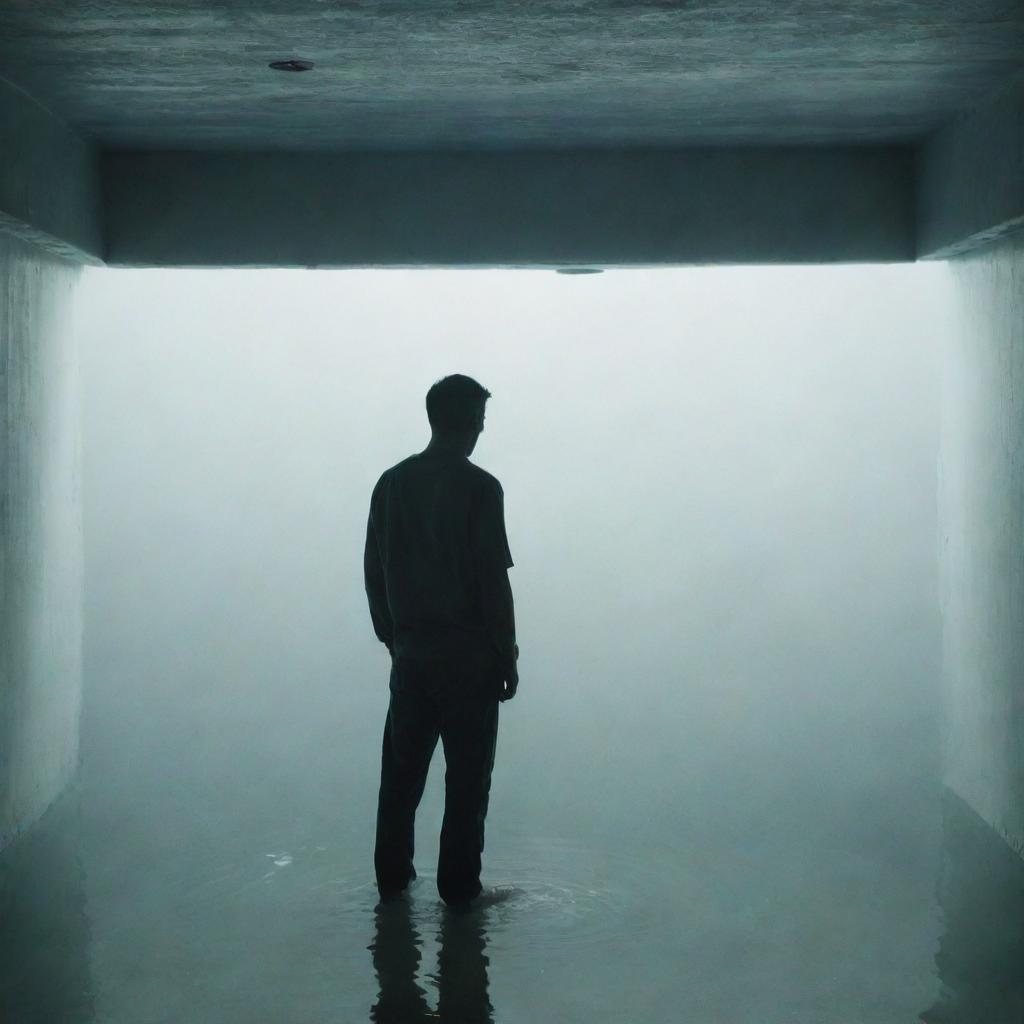 A solitary man standing alone in an undefined setting, submerged in his thoughts, wearing casual clothes.