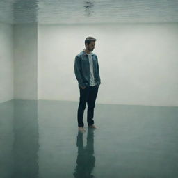 A solitary man standing alone in an undefined setting, submerged in his thoughts, wearing casual clothes.