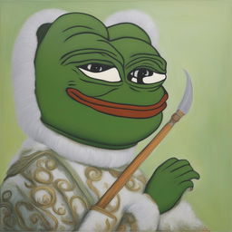 This is a high-quality oil painting of Pepe the Frog, rendered in meticulous detail and vibrant colors