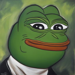 This is a high-quality oil painting of Pepe the Frog, rendered in meticulous detail and vibrant colors