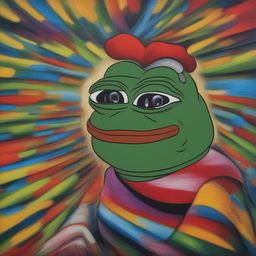 This is a high-quality oil painting of Pepe the Frog, rendered in meticulous detail and vibrant colors