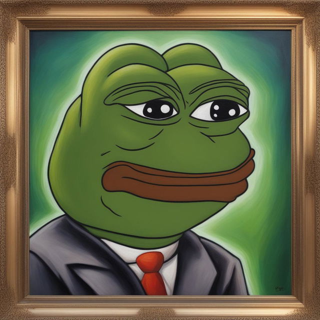 This is a high-quality oil painting of Pepe the Frog, rendered in meticulous detail and vibrant colors