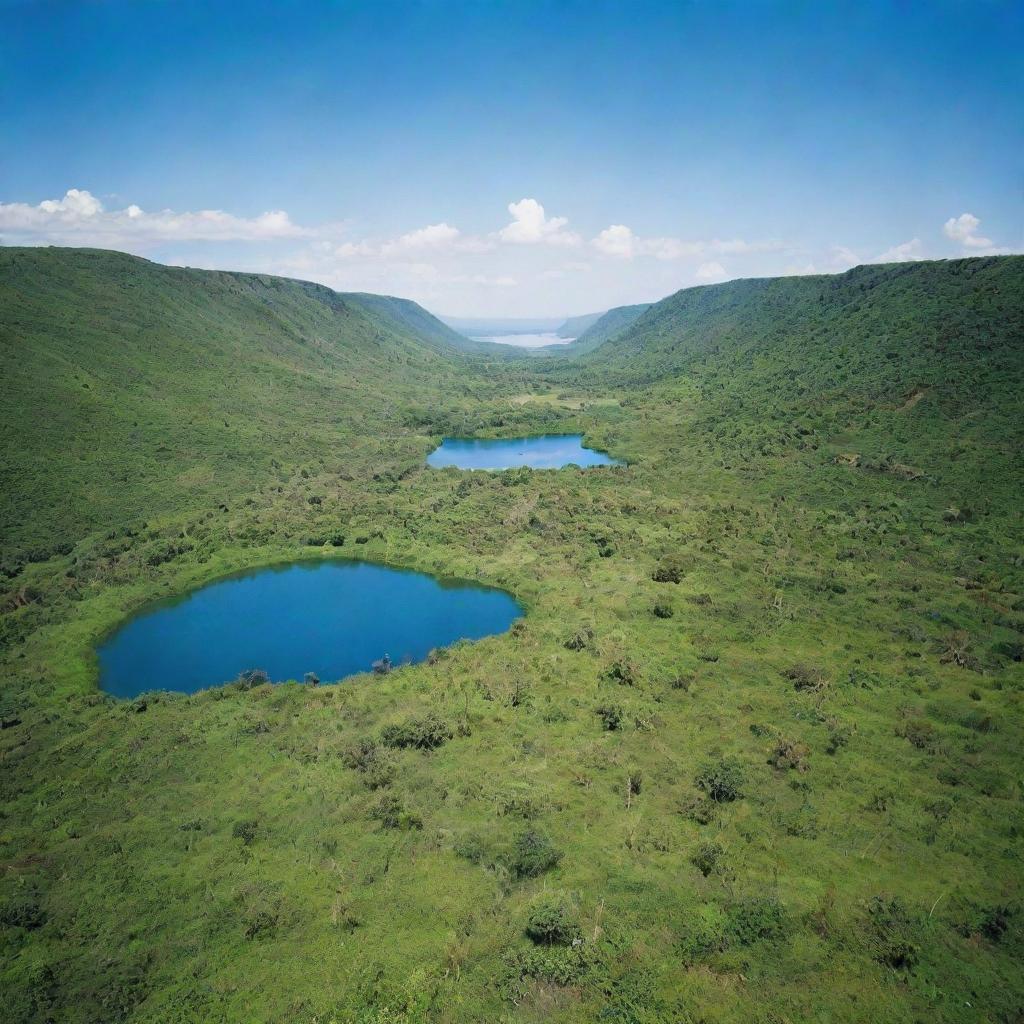 A vast untouched natural landscape, devoid of human presence, lush with green vegetation, and under a bright blue sky