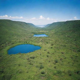 A vast untouched natural landscape, devoid of human presence, lush with green vegetation, and under a bright blue sky