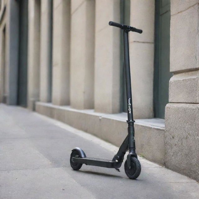 A stylish and sleek trotinette or kick scooter positioned on a city pavement, embodying urban life and mobility.